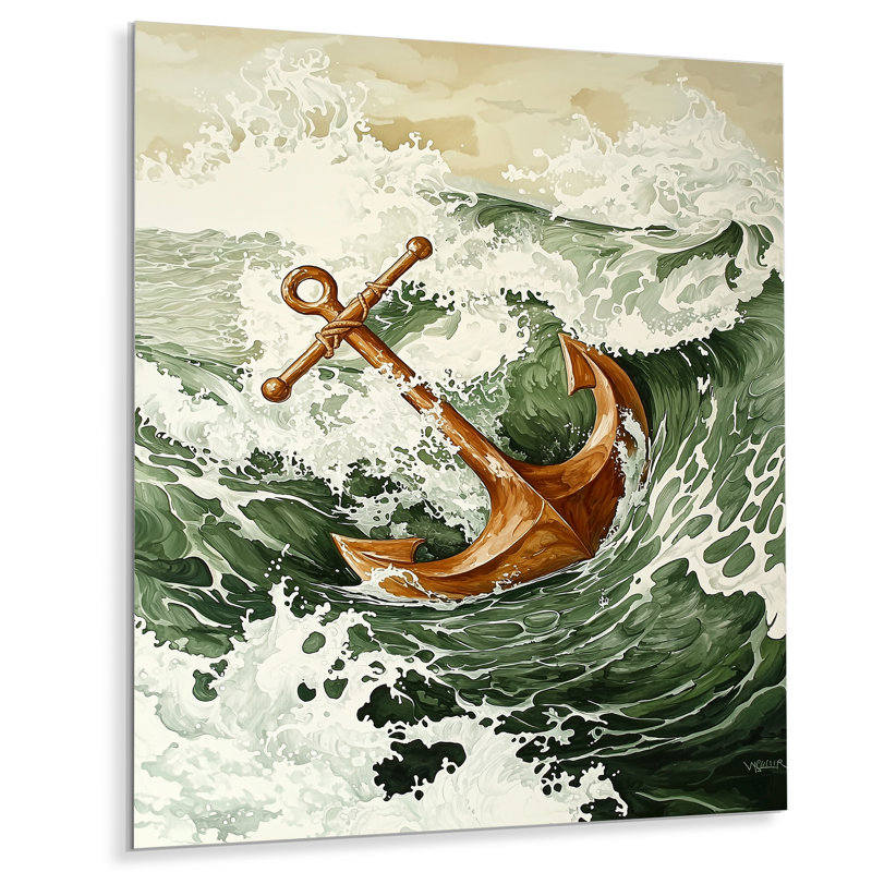 Ancre dans les vagues II - décor métallique côtier, impression métallique nautique, H 40 po x l 30 po
