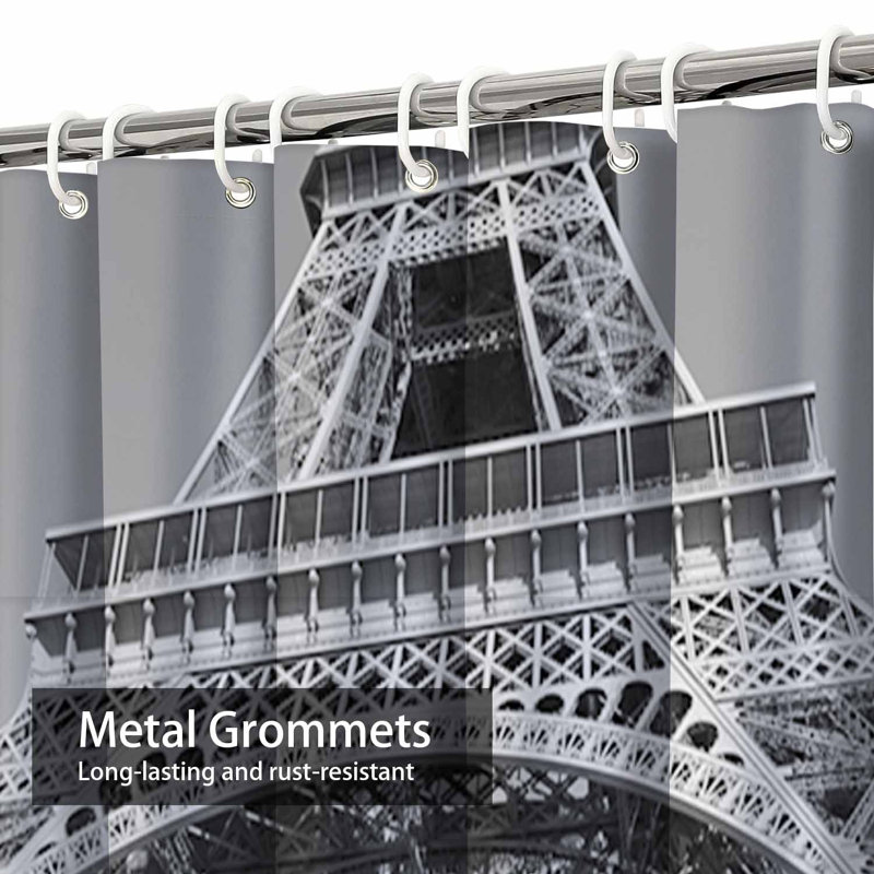 Rideau de douche gris avec 12 crochets Tour Eiffel Paris, L 72 po x l 84 po