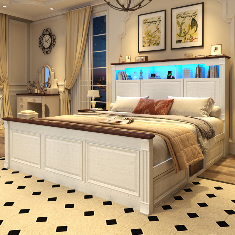 Wood Roman Column Platform Bed Frame with 24" Tall Footboard, LED Light, Charging Station, No Spring Needed, King