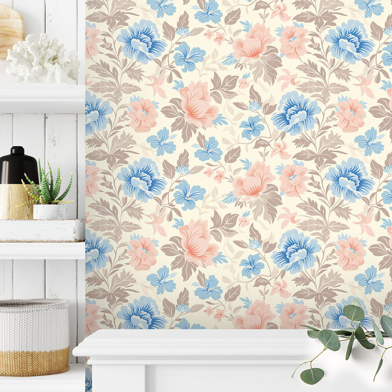 Rouleau de papier peint à motif floral pastel bleu et rosé