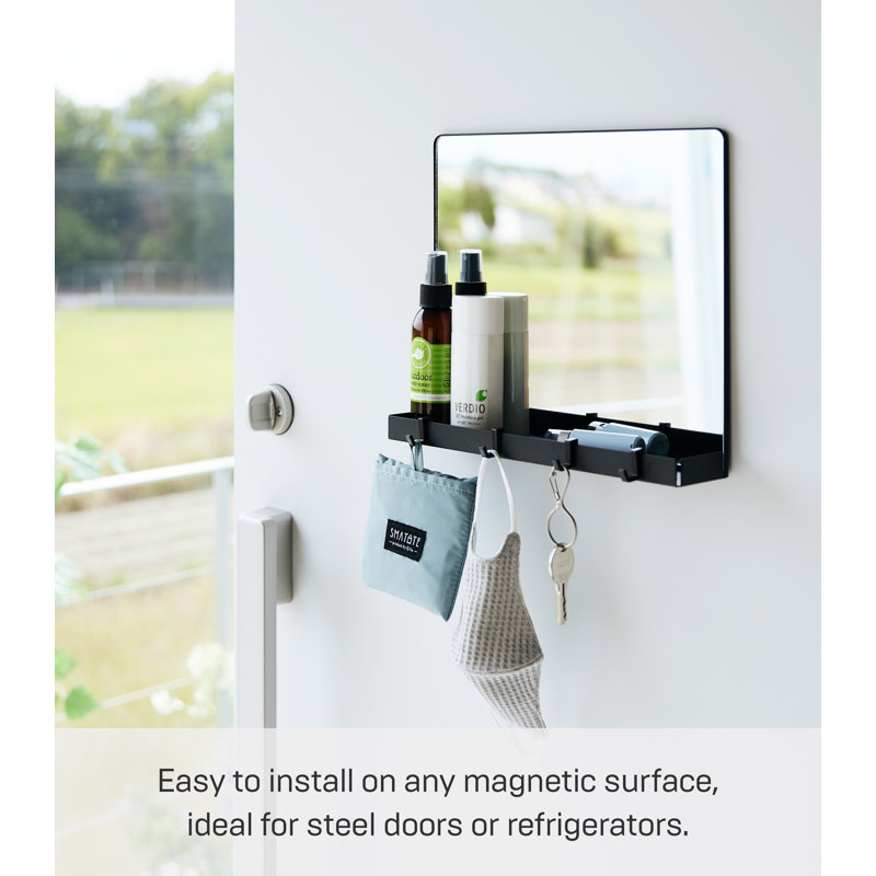 Black Magnetic Mirror with Storage Rack and Hooks