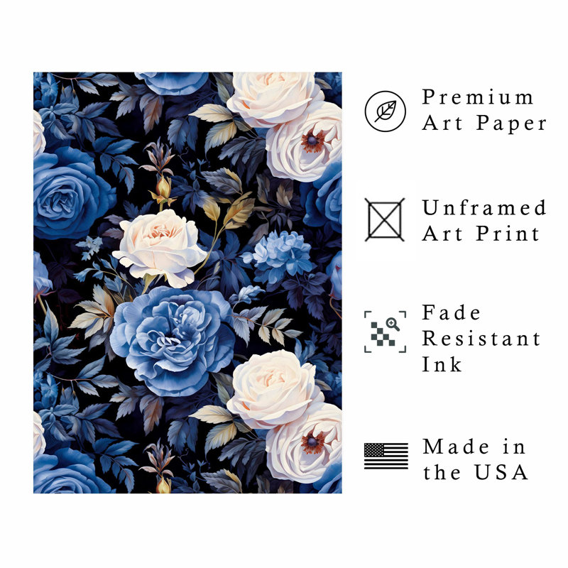 Motif floral bleu marine et floral II, H 30 po x l 20 po