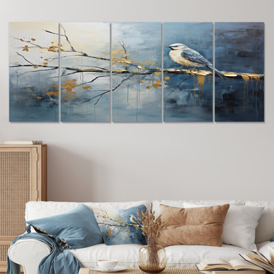 Art mural doré et bleu Bloom Springtime II - Bird Tree, 5 pièces pour le salon