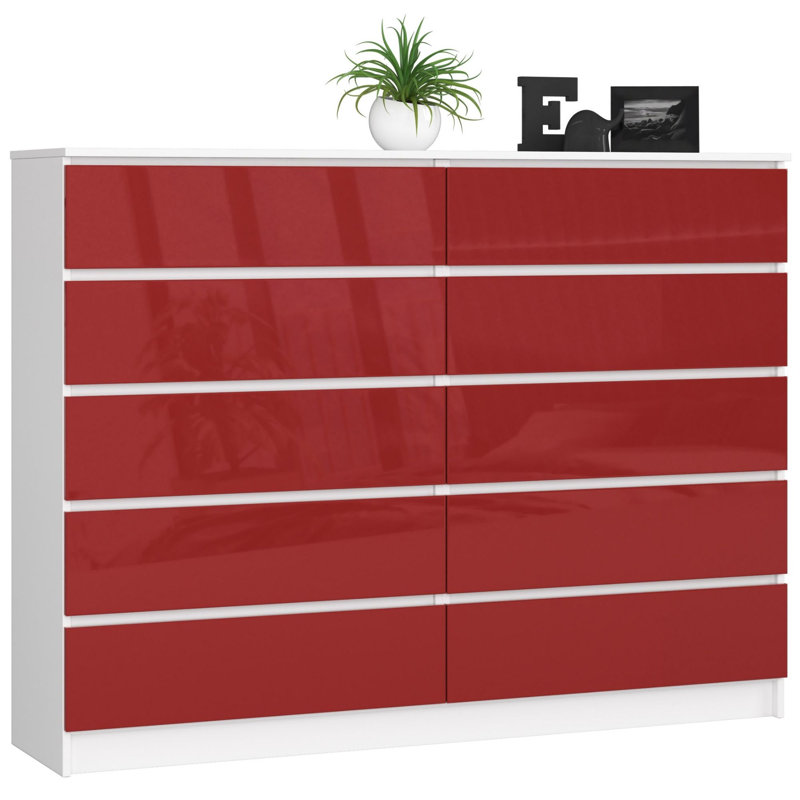 Elight 160cm W 10 - Drawer Chest of Drawers, Red Gloss/White