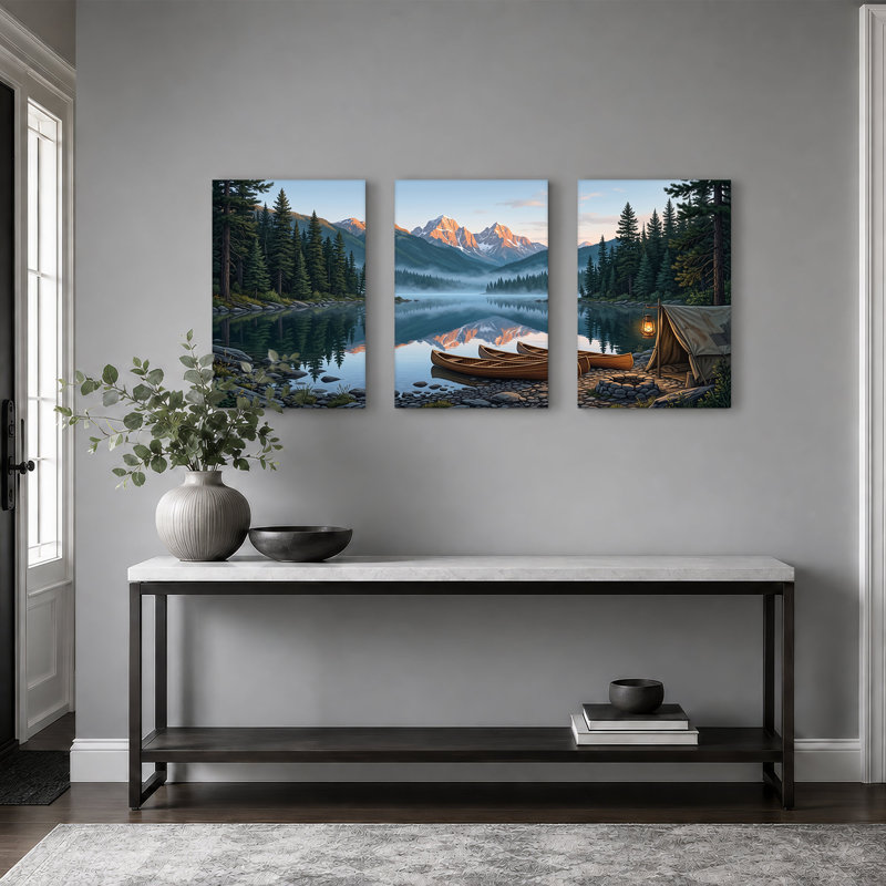 «Misty Mountain Lake», ensemble de 3 toiles en bois et tente, H 24 po x l 16 po x 3 pièces