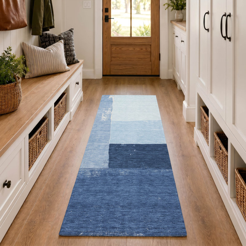 Tapis moderne lavable à la machine Premium, Bleu, Tapis de couloir 2 pi 3 po x 7 pi 6 po