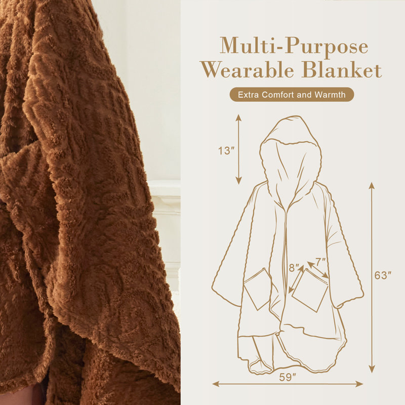 Fleece Hooded Blanket with Hood, Fluffy Fluffy Shawl with Pockets, Brown