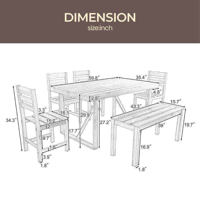 Nashia 6 - Person Acacia Wood Patio Dining Set with Rectangular Table, Bown