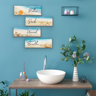 Ensemble de 4 décorations murales de salle de bain de plage - Art mural coquillage en bois bleu à thème océan pour salon, salle de bain et spa bord de mer