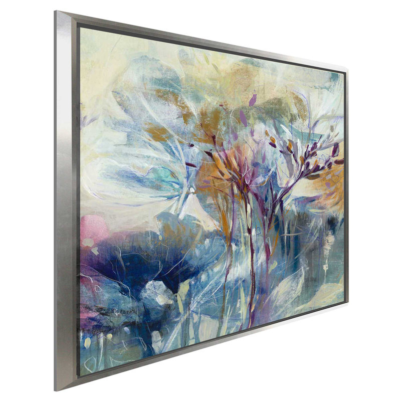 «Meadow Safran II» par K.Nari - Peinture, Cadre flottant argent, H 39,5 po x l 39,5 po x P 2 po