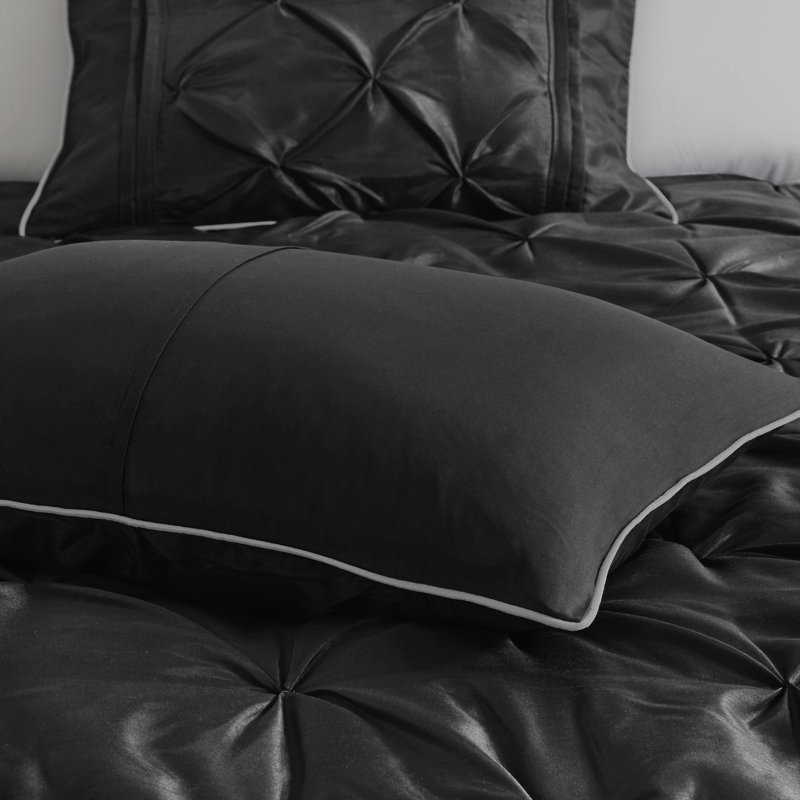 King Black Microfiber Pintuck Comforter Set with Decorative Pillows