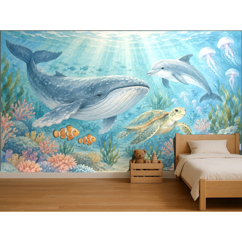 Ocean Animals Wallpaper Mural, Peel and Stick Kids Room Wall Mural, Watercolor Nursery Wallpaper Made to Measure
