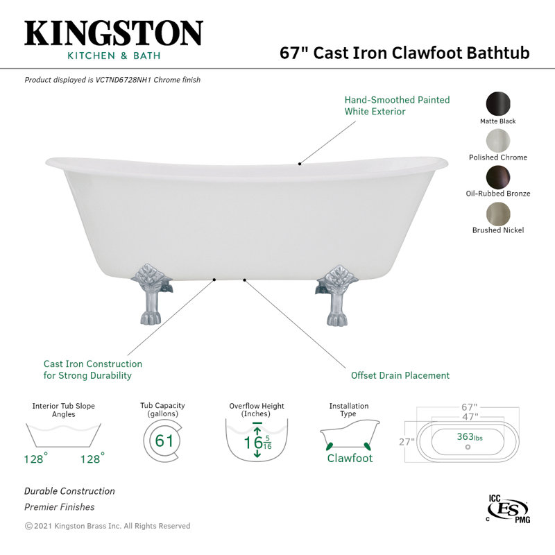 Kingston Brass Aqua Eden 67-Inch Cast Iron Oval Double Slipper Clawfoot Tub (No Faucet Drillings), Polished Chrome