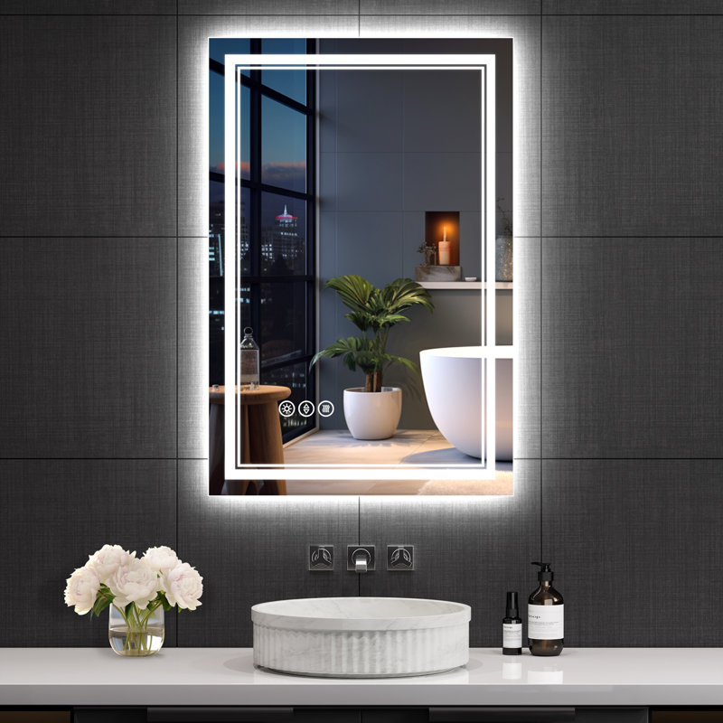 LED Lighted Bathroom Mirror: Front and Backlit, Tempered Glass, 3 Colors, Dimmable, CRI 90+, Defog, 36" x 28"