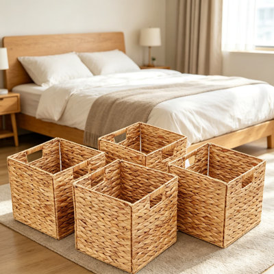 4 Pack 11x11 Inch Foldable Storage Baskets for Cube Shelf, Handwoven Water Hyacinth Bins for Laundry, Toy, and Closet Organization