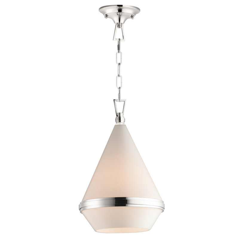 Polished Nickel Conical Pendant Light with White Glass Shade