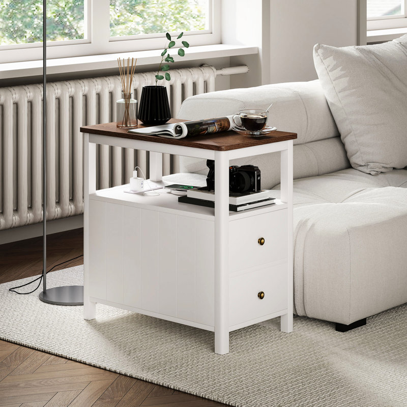 Table de bout de salon avec capacité de chargement - Tiroirs latéraux étroits blancs et tablette fonctionnelle, ports et tablette, espace