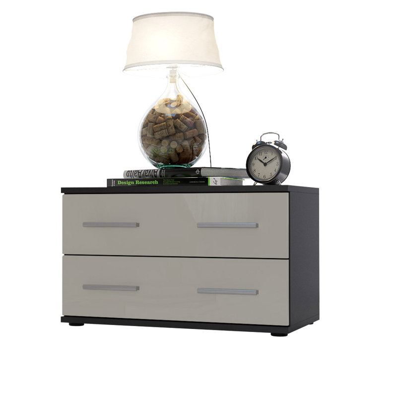 Janney 59.99cm W Wood Bedside Table, Matt black/Glossy sand grey