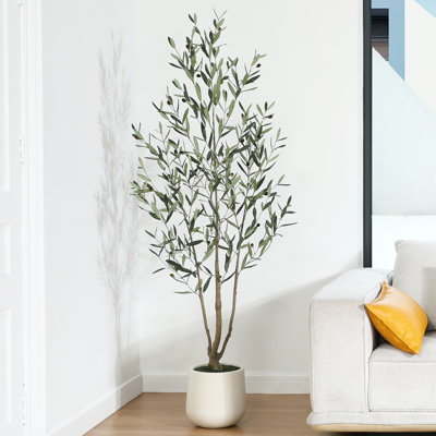 AdcockFaux Olive Tree with Round White Planter, Pre Potted Fake Greenry Olive Plant for Home Decor