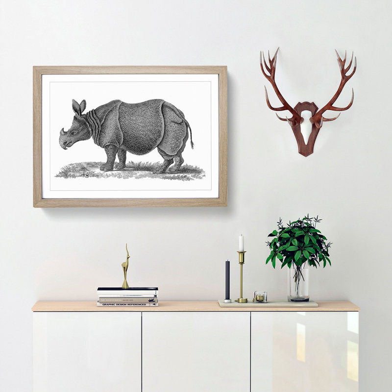Rhinoceros in Black & White by George Shaw - Picture Frame Drawing Print, Oak Framed, 27cm H x 36cm W x 2cm D
