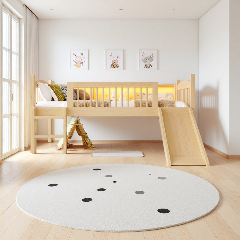 Lit mezzanine avec tablettes de rangement, lit mezzanine inférieur en bois massif avec lumières DEL et garde-corps pleine longueur, aucun sommier nécessaire
