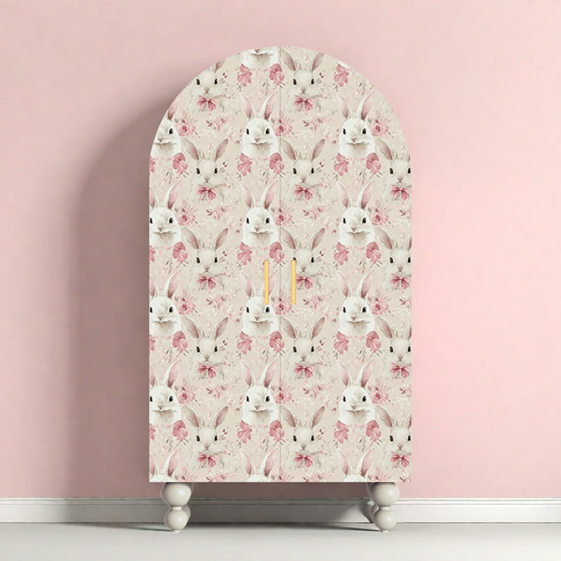 Armoire-penderie moderne à double porte arquée, Ivoire / blanc / rose