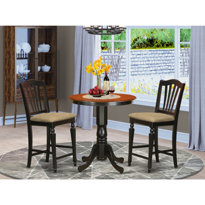 3 Piece Counter Height Dining Table Set Contains a Round Kitchen Table with Pedestal and 2 Linen Fabric Dining Chairs, Black & Cherry