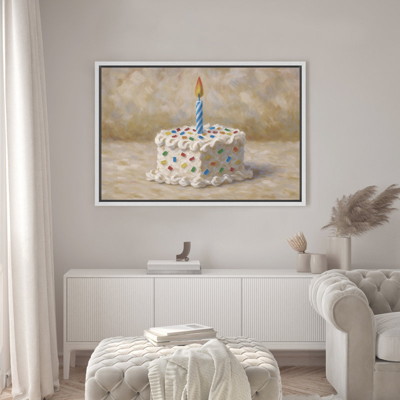 «Birthday Cake with Candle Celebration Decor», reproduction d'art sur toile encadrée, H 24 po x l 36 po, Blanc
