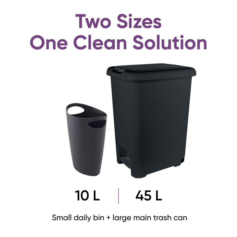 Superio 10L and 45L Slim Step & Push Trash Cans - 2 Pack, Dual Opening, Space-Saving Design, Durable Plastic - Black, Noir