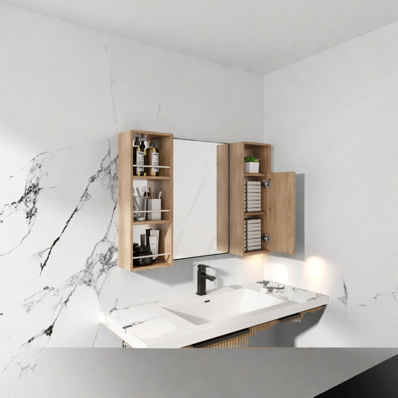 Armoire de toilette murale 39,38 po avec tablettes de rangement et porte à fermeture en douceur, contreplaqué et verre