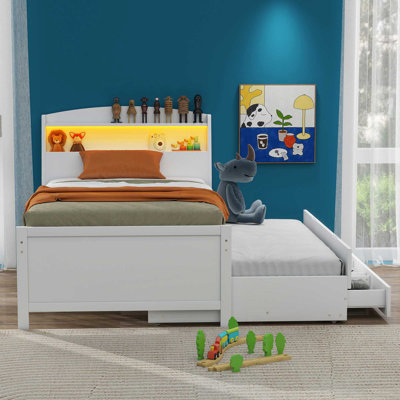 Lit plateforme simple avec tête de lit à DEL avec rangement, lit gigogne simple et 3 tiroirs