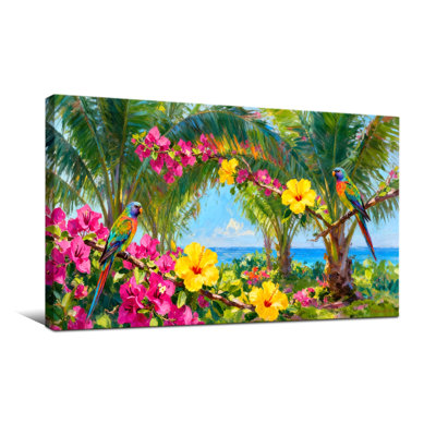 Plantes et fleurs Oiseaux tropicaux Fleurs Palmiers Océan Ciel Couleurs vibrantes Scène de la nature