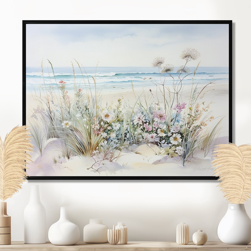 Fleurs sauvages sur la plage - Art mural fleurs sauvages, H 12 po x l 20 po, Reproduction avec cadre flottant, Noir