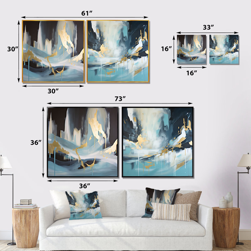 «Gold and Blue Abstract Expression I», ensemble de 2 reproductions d'art sur toile, Cadre flottant blanc