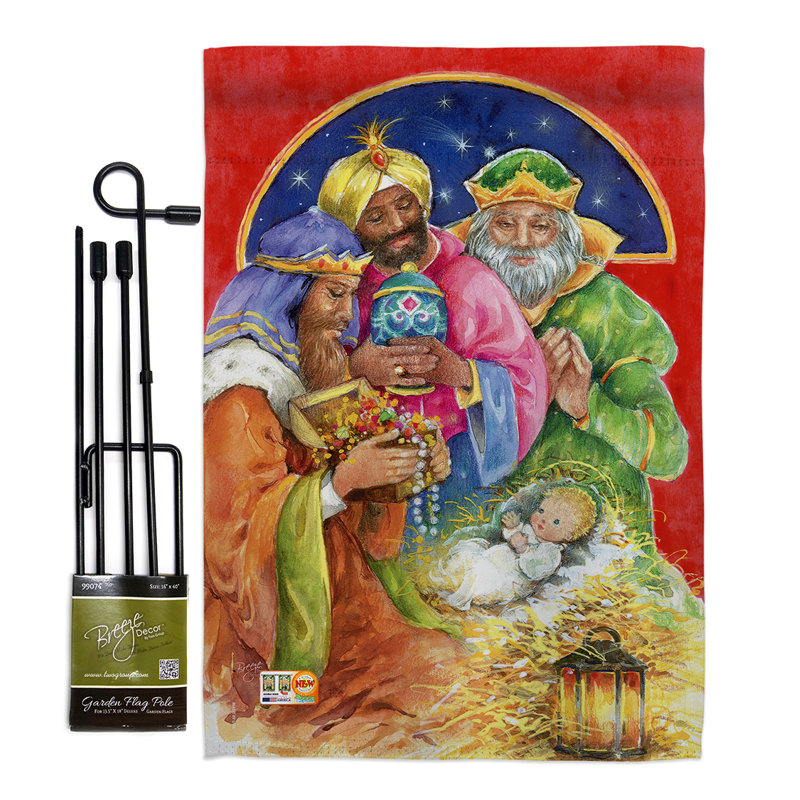 Crèche à trois kings, impression en polyester de 2 côtés 18,5 x 13 po ensemble de drapeau, Rouge / vert / jaune