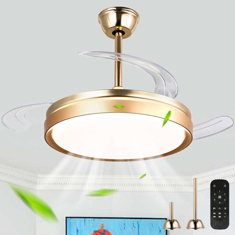 42 Inch Retractable Ceiling Fan With Lights, Modern Silent DC Motor 6 Speeds Chandelier Ceiling Fan For Bedroom, Gold, Clear