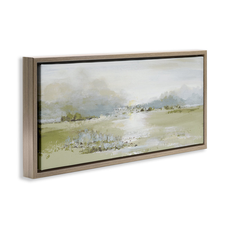 "Green Dunes", paysage abstrait, art mural sur toile flottant brun, H 14 po x l 31 po, Cadre flottant gris lustré