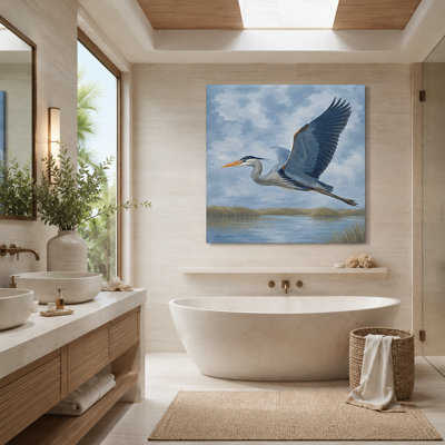 Great Blue Heron in Flight Canvas Wall Art,  Coastal Nature Print
