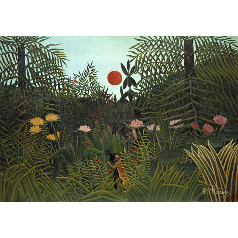 "Jungle avec soleil couchant" par Henri Rousseau - Toile tendue avec châssis, H 24 po x l 17 po