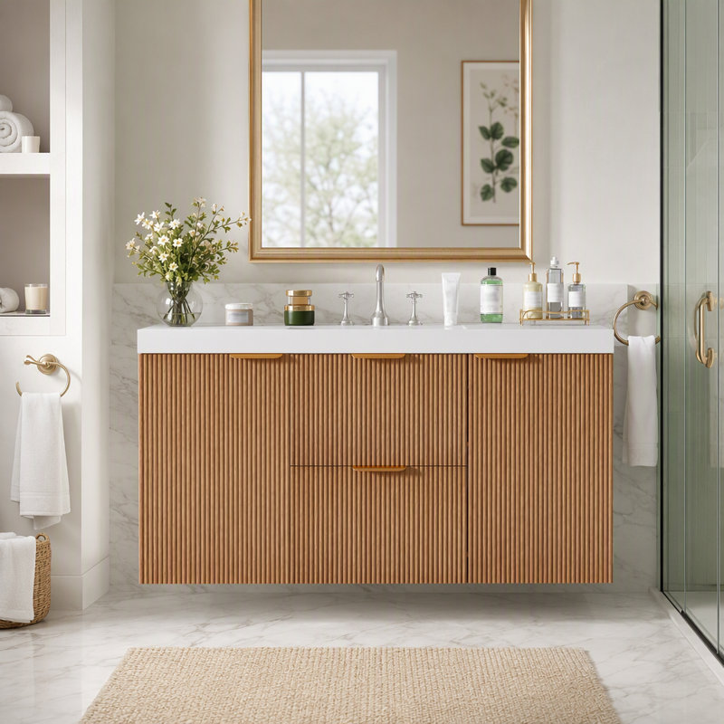 Meuble-lavabo simple 47,24 pouces avec comptoir en bois massif, armoire en MDF, portes à fermeture en douceur, tiroirs divisés, meuble-lavabo mural moderne