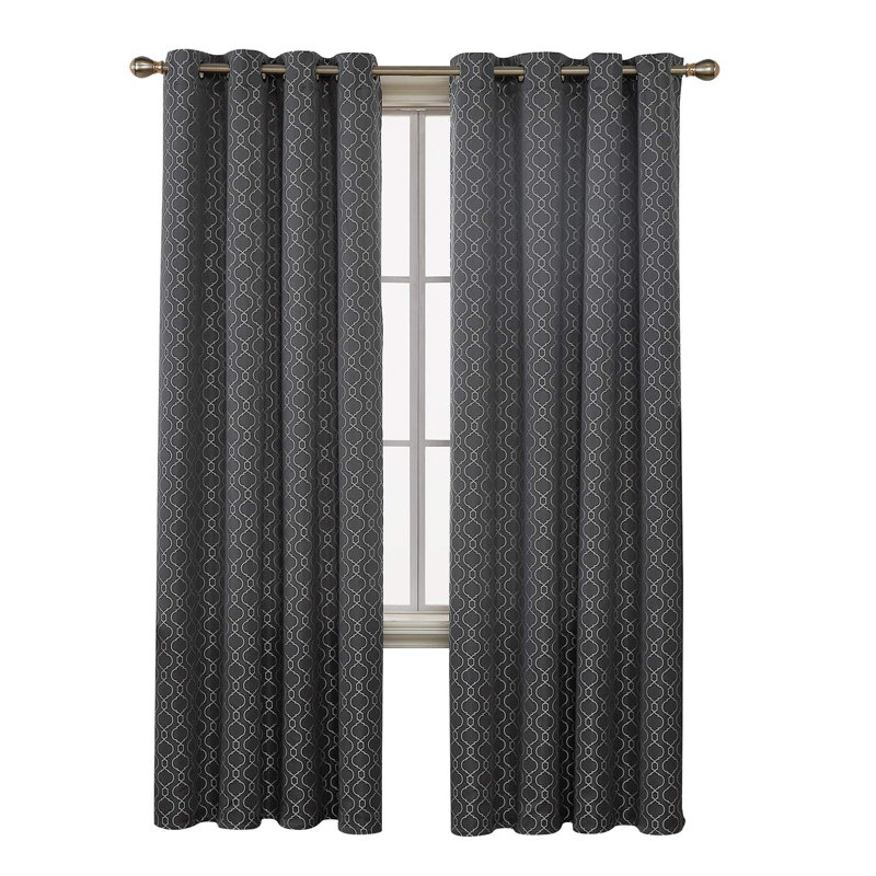Luxurious Jacquard Morrocan Top Grommet Room Darkening Curtains (Set of 2), 52" W x 95" L, Dark Gray