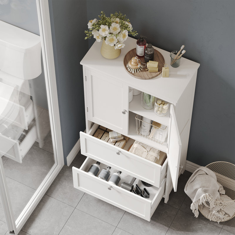 43.3" H Floor Storage Cabinet, 2-Door and 2-Drawer Cupboard With Adjustable Shelves, White