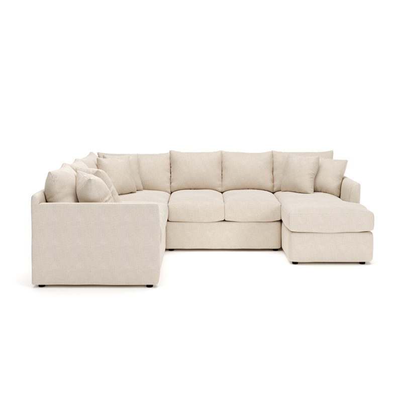 Cecelia 119" W Sinuous Springs 6-Person 3-Piece U-Shaped Sectional, Conversation Ivory Basketweave, Right Hand Facing