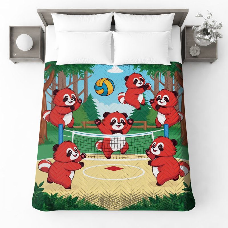 Red Pandas Playing Volleyball Quilted Bedspread , Twin