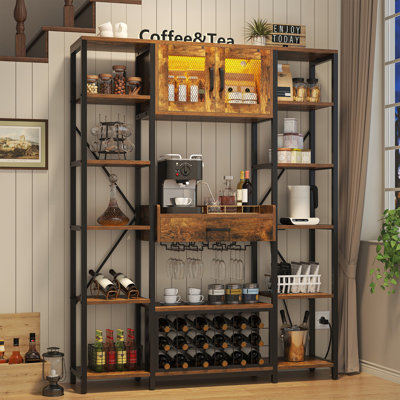 65.35" Farmhouse Bar Cabinet With Led Lights, All-in-one Coffee & Wine Bar With Power Outlets, Drawer, Microwave Bakers Rack, Brown