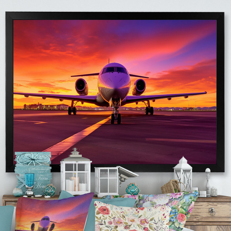 Avion au coucher du soleil I - Impressions sur toile transport, Cadre simple noir, H 16 po x l 32 po x P 1 po