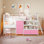 Lit mezzanine bas pour enfant (taille simple) avec bureau et 6 tiroirs, structure en métal avec tablette, échelle inclinée, tente de jeu DEL et barrières de sécurité pour chambre d'enfant