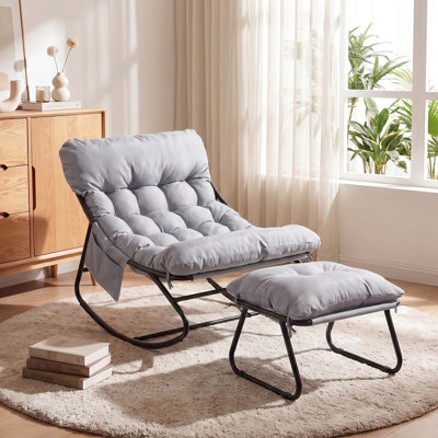 Outdoor/Indoor Papasan Rocking Chair with Ottoman, Lounge Chair with Cushion & Sturdy Metal Frame, Patio Rocker Chair for Balcony Backyard Porch Bedroom, Gray