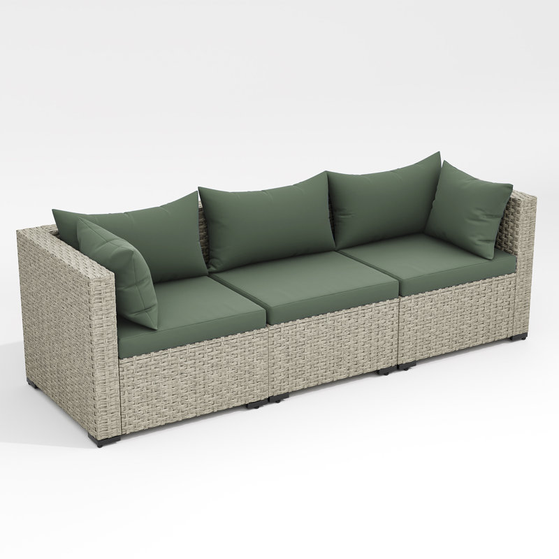 Ensemble de canapé de patio 3 pièces en osier avec coussins, Vert