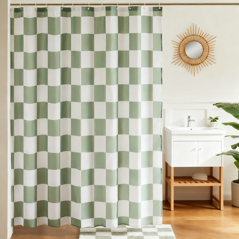 Rideau de douche à damier rétro, décoration de salle de bain en tissu lavable, polyester imperméable sans doublure, Beige